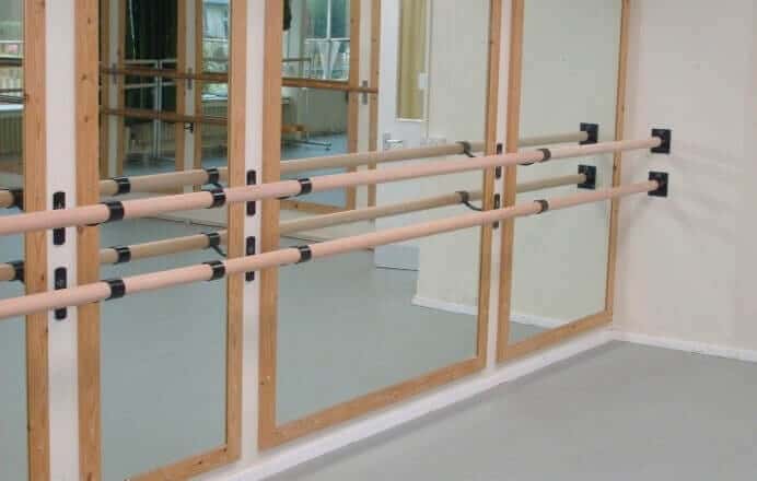 Harlequin Beech Ballet Barre paired with Harlequin's single, square wall-mounted barre and end brackets.