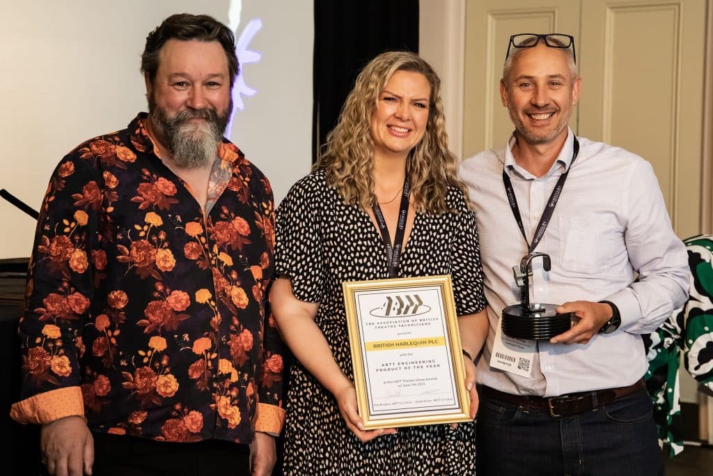 ABTT Engineering Product of the Year Winner Harlequin Liberty Switch ABTT Co Chair David Evans left Karen Woodward Middle Jamie Stirling Right | Professional Sprung & Vinyl Dance Floors | Harlequin Floors
